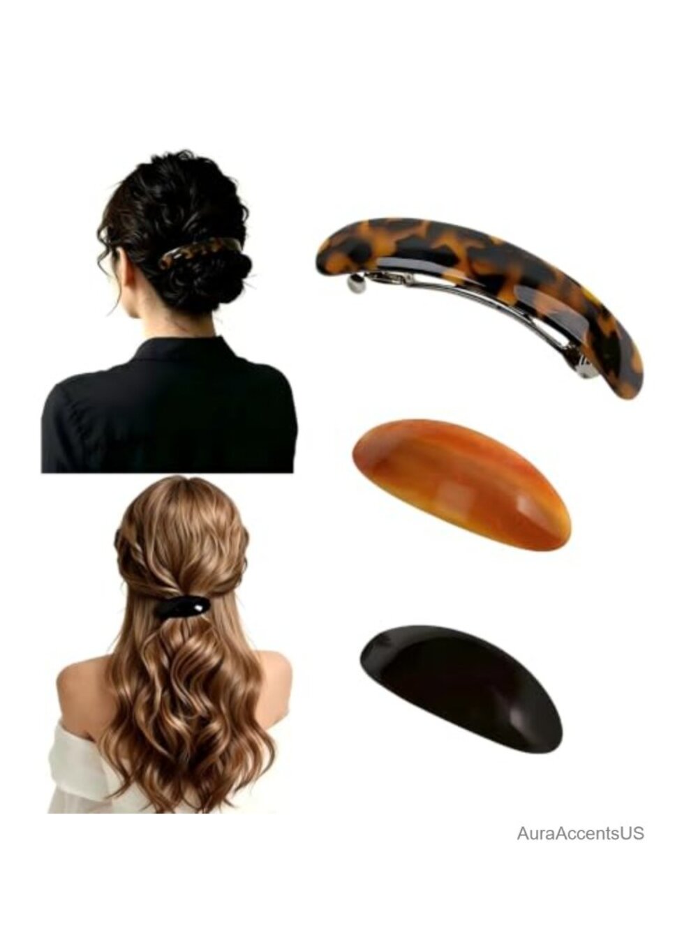 French Hair Barrettes 3 Pack, Acetate Clips, Strong Metal Clasp, Elegant Hair